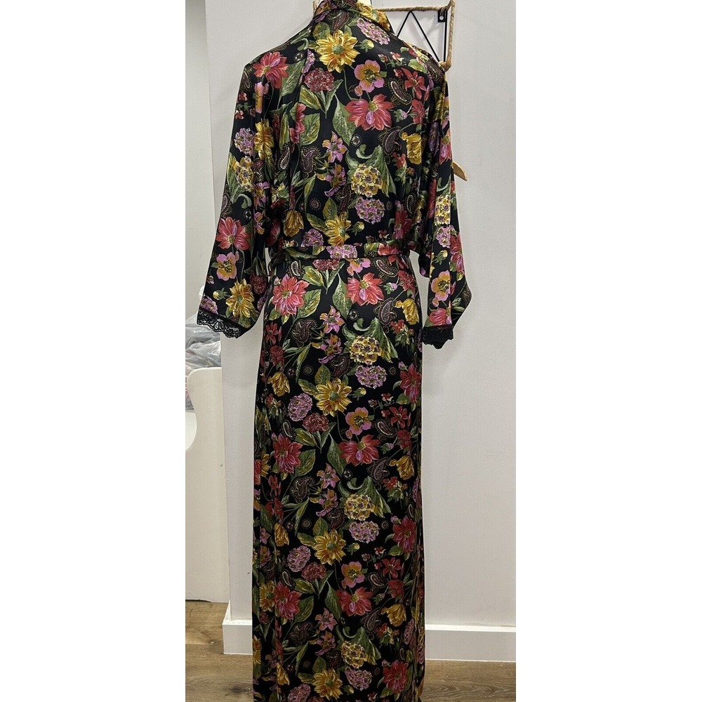 Vintage VANITY FAIR Small KIMONO Wrap ROBE Long Black TROPICAL FLORAL Nylon USA - Picture 6 of 10